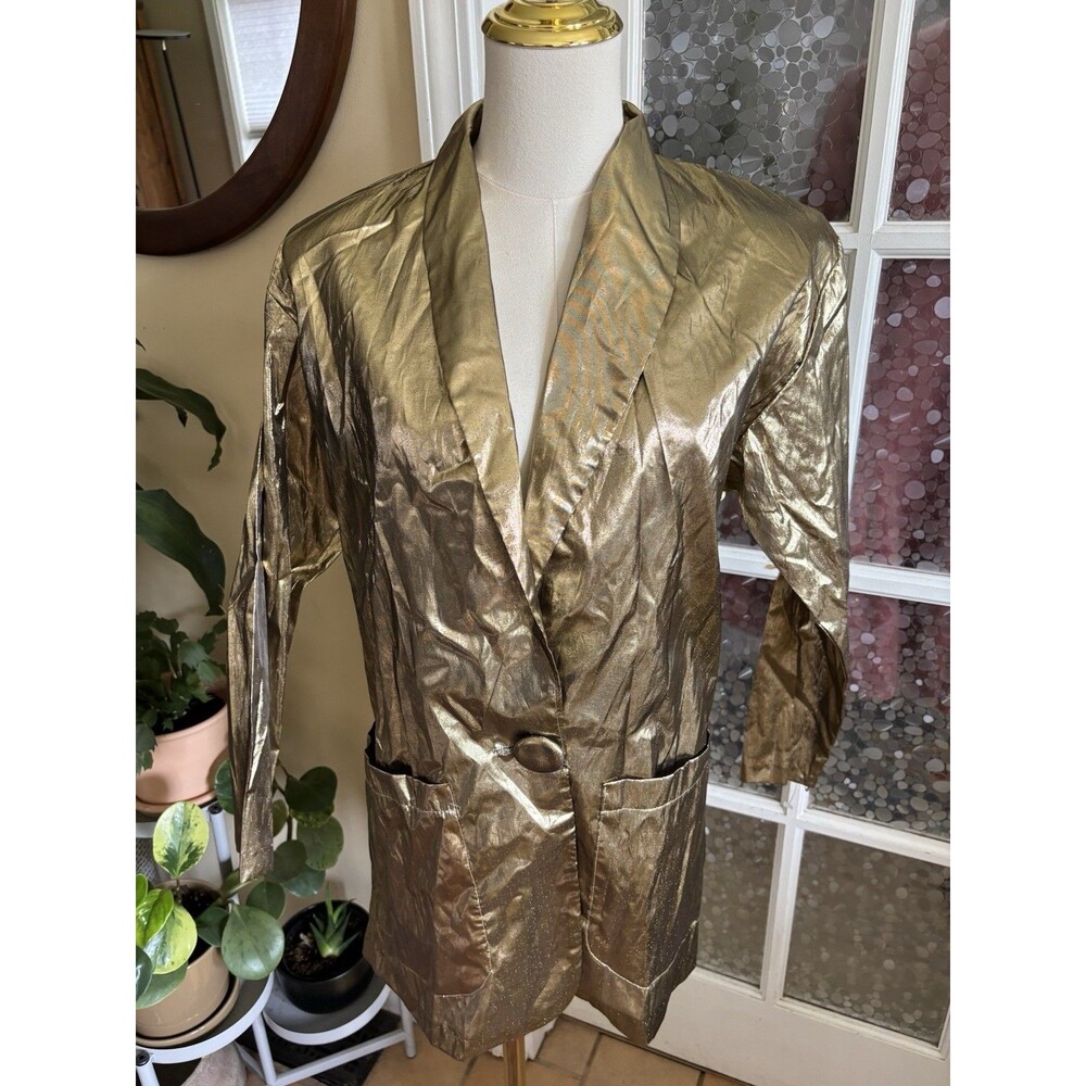 Vintage Gold Lame Blazer Union Label 7/8 Metallic Rayon Disco